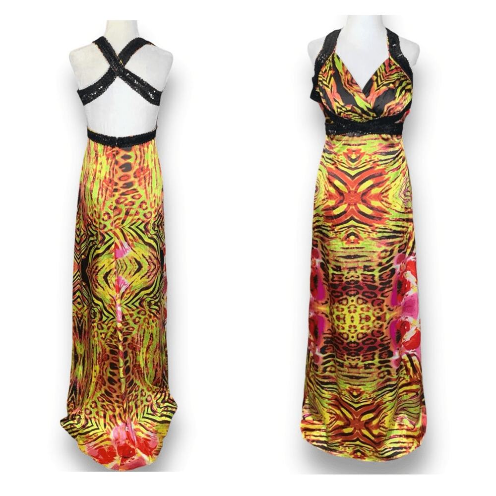 Y2K Zum Zum Niki Livas Neon Animal Print Sequin Halter Maxi Dress XS Open Back